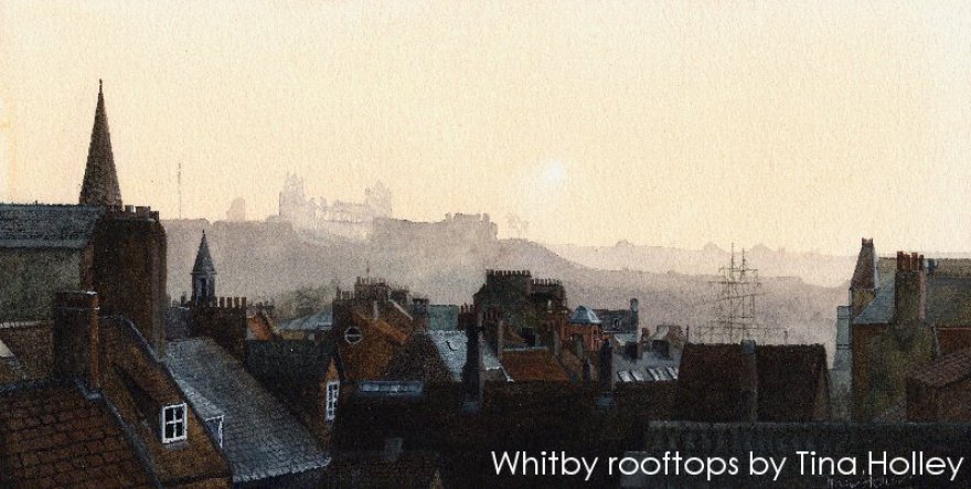Watercolour by Tina Holley looking over the rooftops of Whitby, Yorkshire