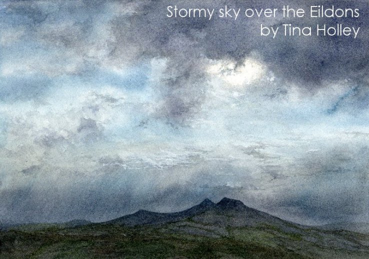 Stormy skies over the Eildon Hills, Eildons, watercolour painting, Tina Holley landscape artist, atmospheric, skyscape, clouds