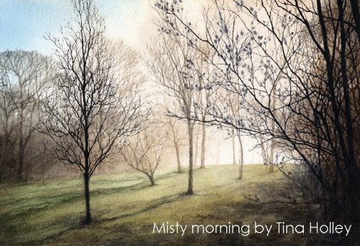 mist morning trees Bodnant Garden watercolour painting by Tina Holley artist Wales