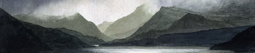 Watercolour landscape paintings by award winning artist Tina Holley. Moody skies over Llyn Padarn, Yr Wyddfa, Snowdonia.