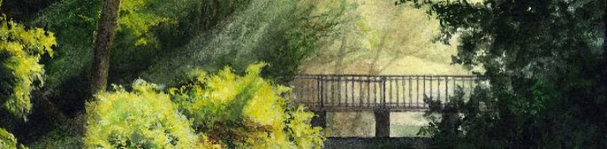 Sun rays in the Dell, Bodnant Garden. Watercolour painting by award winning artist Tina Holley.