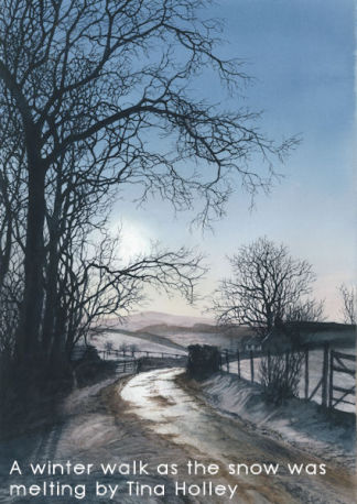 Tina Holley watercolour, winter walk, country lane, snow covered hills, blue sky