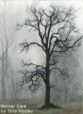 Silhouette tree, misty day, winter, watercolour painting by Tina Holley, atmospheric
