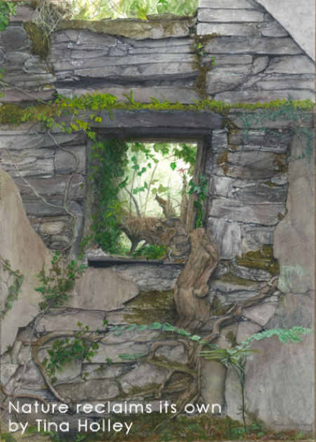 Nature reclaims Dorothea quarry. Watercolour painting by Tina Holley. Wales Version of Angkor Wat.