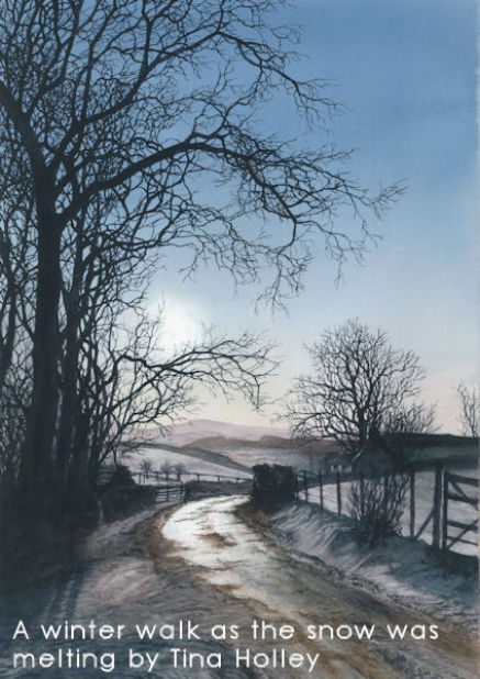 Winter walk, snow, silhouette trees. Watercolour painting by Tina Holley