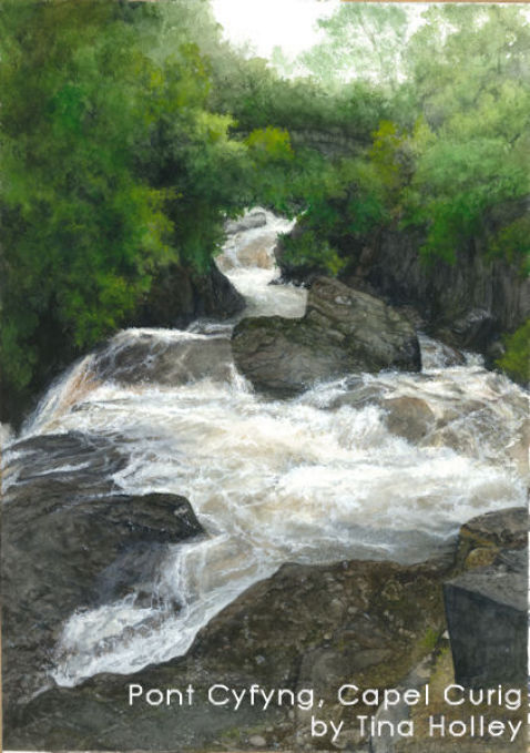 Waterfall, Pont Cyfyng, Capel Curig, Eryrie, Snowdonia Wales, watercolour painting by Tina Holley