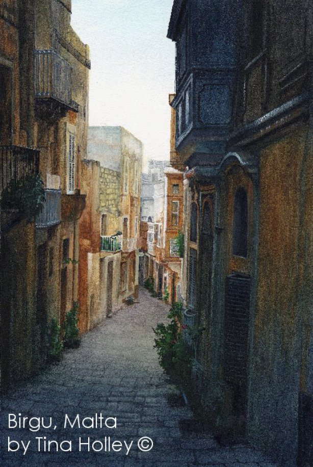 Birgu, Three cities, Valletta, Malta. watercolour painting by Tina Holleyh