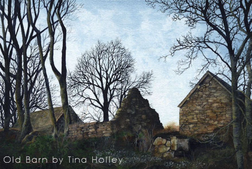 Old barn. watercolour painting by Tina Holley. Stone buildings, silhouette trees, tumbledown.