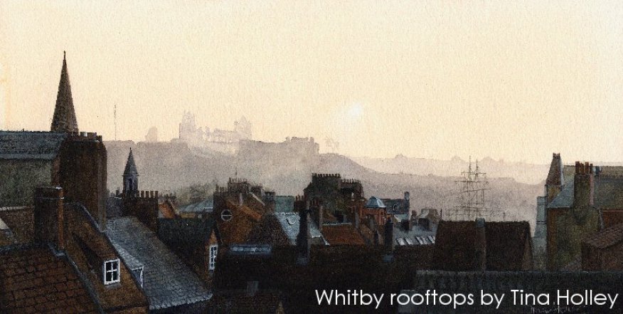 Watercolour painting by Tina Holley across the rooftops of Whitby to the abbey following a sea fret