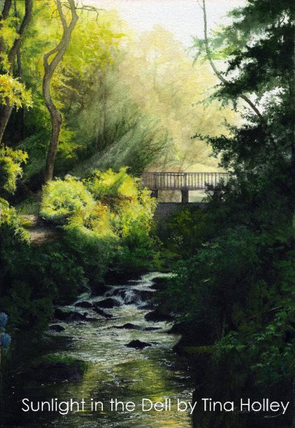 sunlight in the Dell at Bodnant Garden, original watercolour painting by Tina Holley
