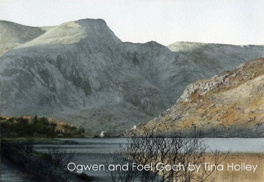 Llyn Ogwen and Foel Goch in Snowdonia. Watercolour painting by Tina Holley
