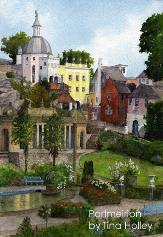 Portmeirion. The Italianate vi;;age in North Wales built by Sir Clough Williams-Ellis. Watercolour painting by Tina Holley