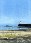Watercolour painting by Tina Holley of the lighthouse on the harbour wall at Berwick upon Tweed
